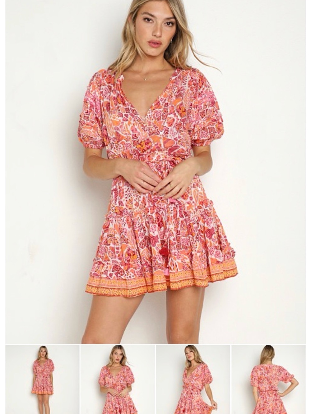 Poupette St. Barth Pink and Orange Floral V-Neck Tiered Mini Dress